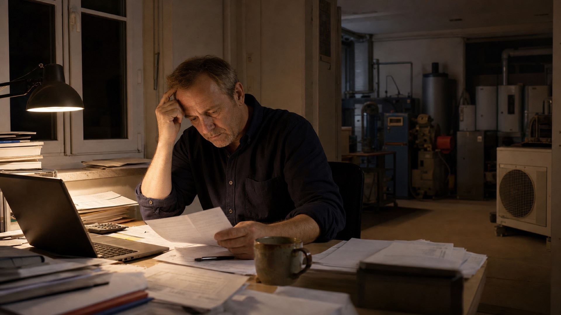 SHK-Inhaber abends allein am Schreibtisch im Büro, Hand an der Schläfe, Papierstapel und Laptop. Im Hintergrund die unbenutzte Werkstatt mit Wärmepumpen-Außengerät und Speichern.