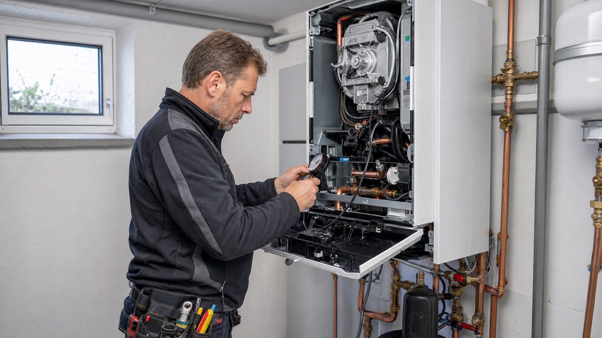 SHK-Monteur in dunkler Workwear mit Tool-Belt prüft mit einem Messgerät ein wandhängendes Brennwertgerät mit offener Frontklappe in einem Hausanschlussraum.