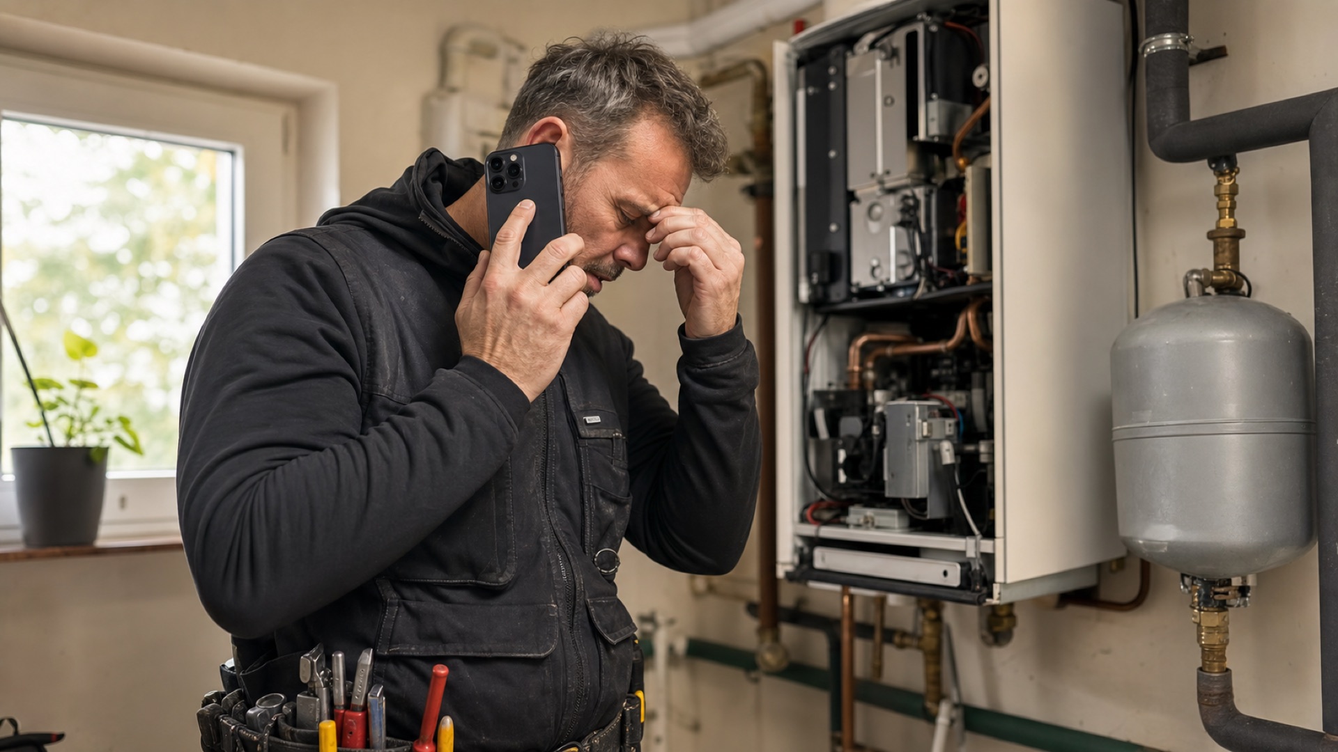 SHK-Inhaber telefoniert konzentriert mit einem Kunden, das Smartphone deutlich am Ohr; im Hintergrund ein offenes Brennwertgerät mit Kupferleitungen.
